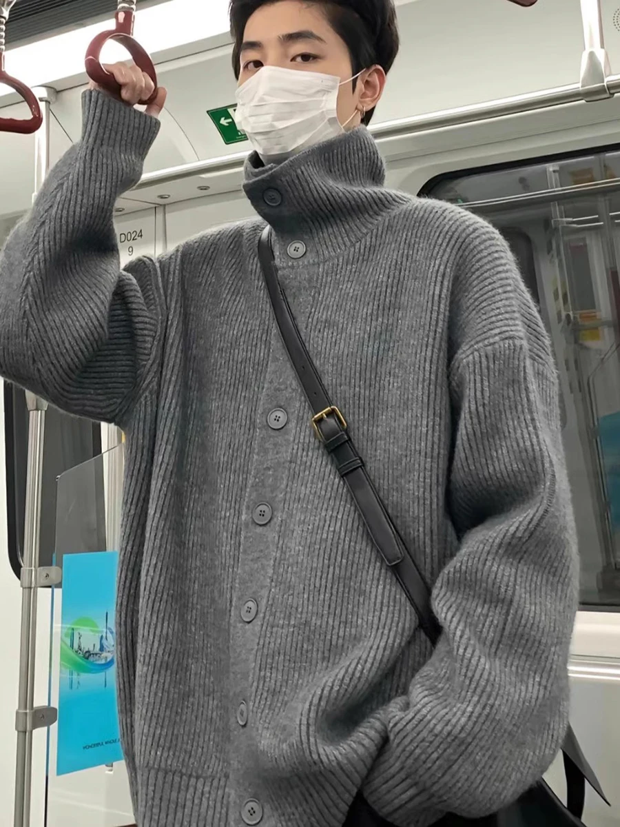 

Мужской вязаный кардиган с высоким воротником, повседневный, плотный, осенний, модный, брендовый, в стиле Cleanfit, Preppy, верхняя одежда