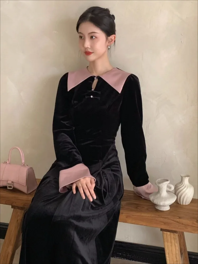 Dresses Women Advanced New Chinese Hepburn Style Temperament Frog-design Long Sleeve Basic Elegant Fashion Chic Shinny Autumn