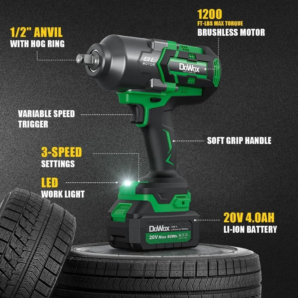 Cordless impact wrench, 1/2 inch Impact Gun w/ 1200ft-lbs (1600Nm) High Torque, 20V 4.0 Ah Battery, Fast Charger