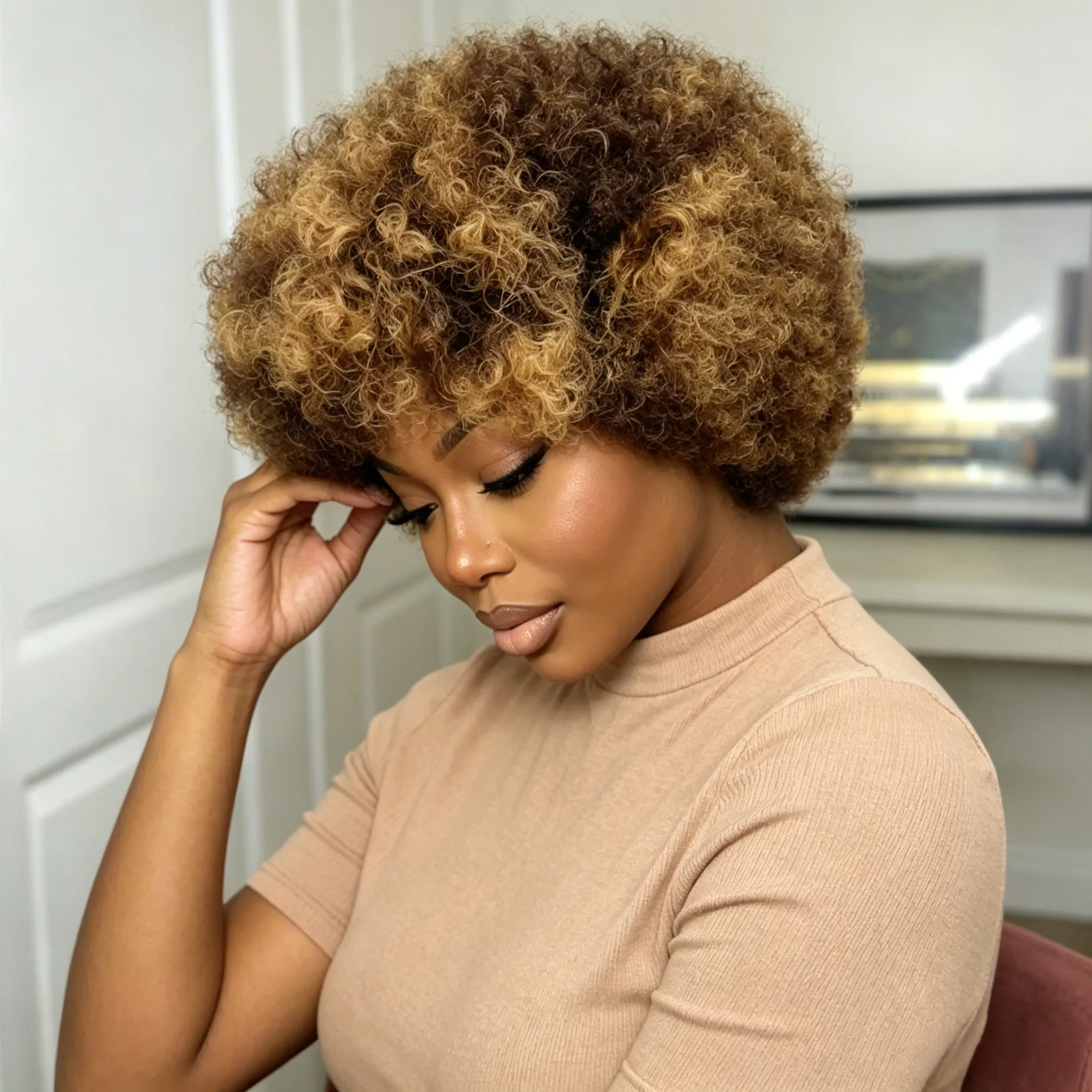 

Ombre Brown Blonde P427 Afro Curly Human Hair Wig for Women Machine Made Short Wigs