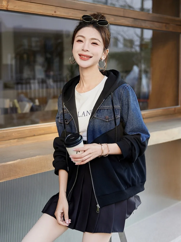 

Повседневная толстовка с капюшоном, джинсовая лоскутная женская куртка, весенне-осенний свободный утягивающий топ на молнии, прямая трубка pe