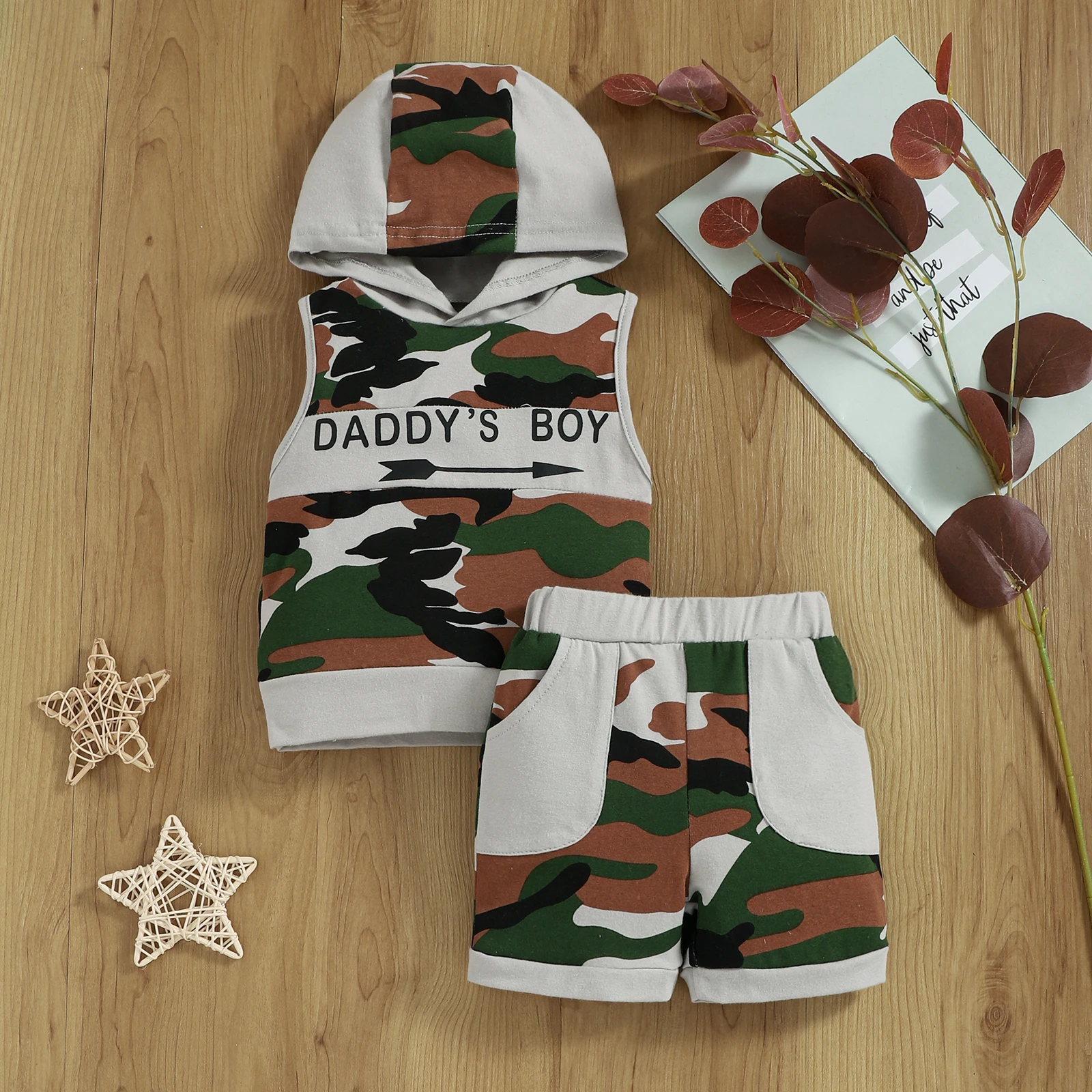 

Boys Camouflage Two-Piece Set "DADDY'S BOY" Cool Summer Outfit Hoodie Sleeveless Top + Shorts for Kids