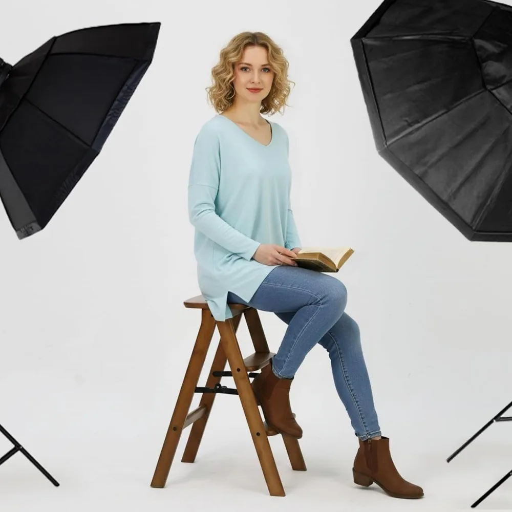 سلم خشبي قابل للطي لدعائم التصوير الفوتوغرافي - الحمولة القصوى 300 رطل، مقعد خشبي قوي ثلاثي الخطوات لاستخدام التصوير الفوتوغرافي #5