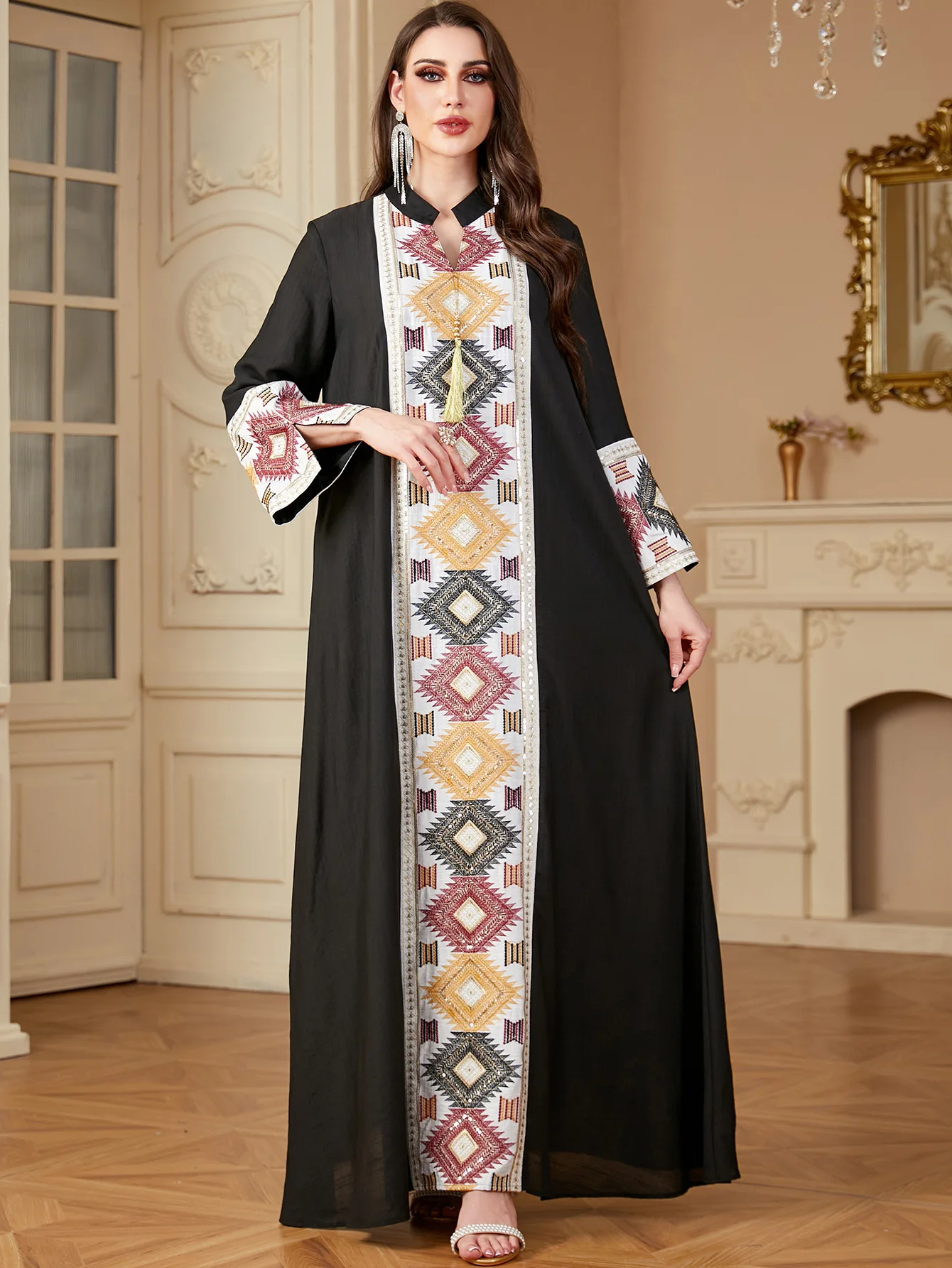 

Middle East Cross border Foreign Trade Dubai Robe Muslim Clothing Embroidery Contrast Splicing Arab Dress