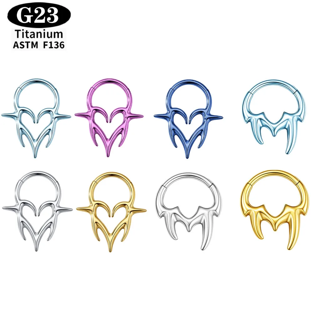 STM F136 Titan Nasenring Fangzähne Klappbarer Clicker Septum Piercing Herz Totem Ohrringe Forward Helix Eloxiert Punk Körperschmuck