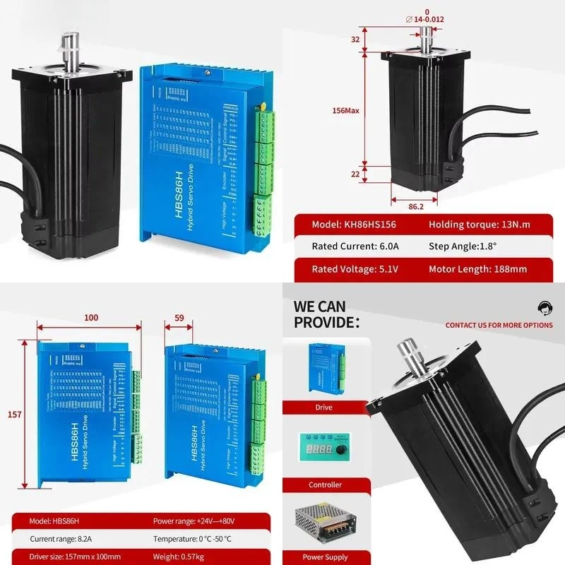 Kaihong 86x86x156+22mm 12Nm Hybrid Nema 34 Closed Loop 2-Phase 48V DC Stepper Motor Kit with 1000PPR Encoder and Hbs86h