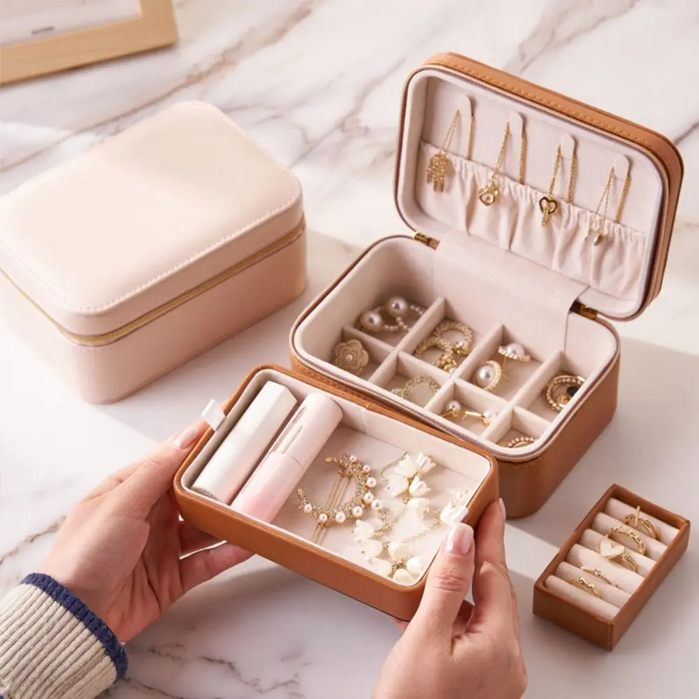 

High-end Double Layer Jewelry Storage Case PU Leather Zipper Jewelry Boxes Portable Multi-function Jewelry Organizer Travel