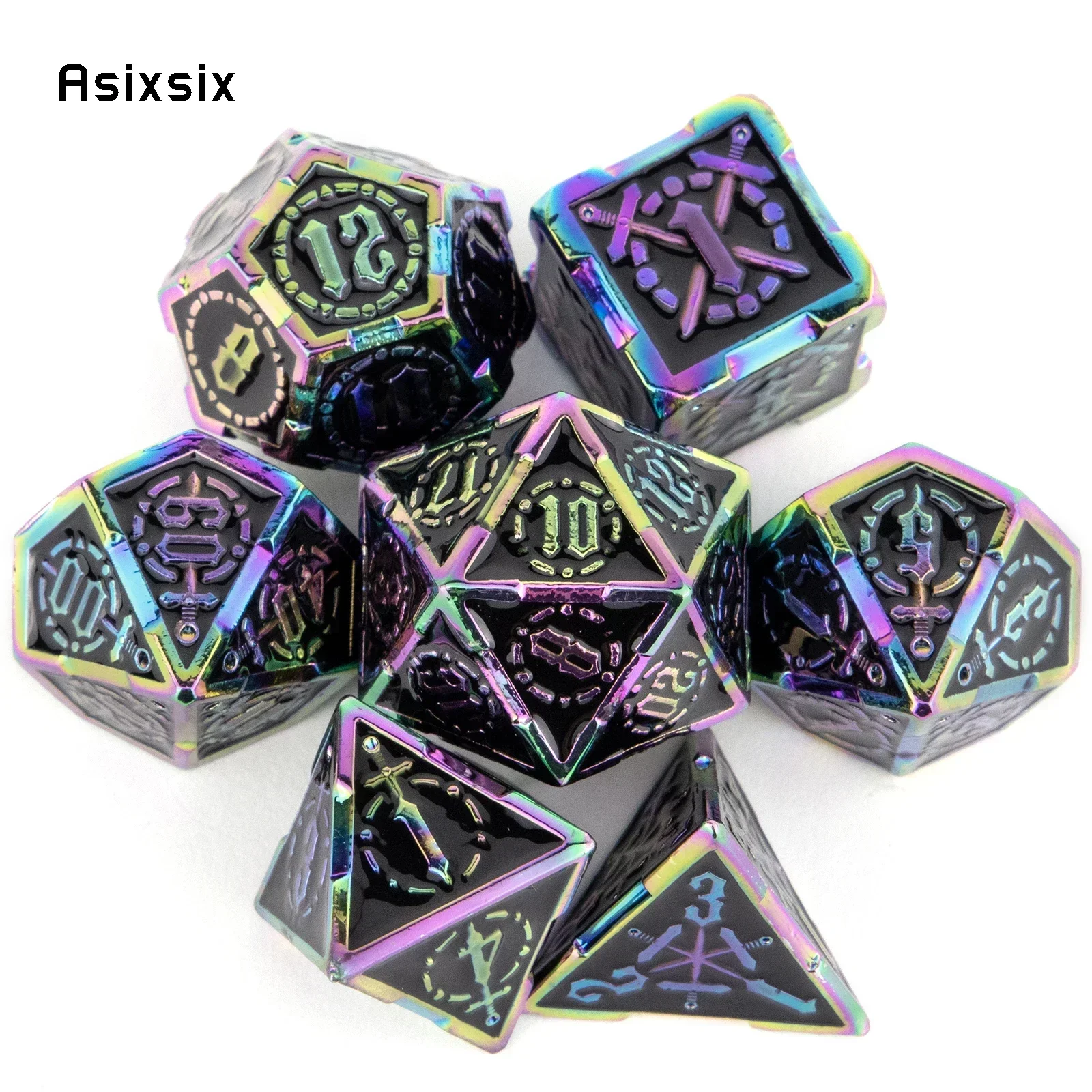 7 Pcs Colorful Double Swords Metal Dice Solid Polyhedral Dice Set Suitable for Role-Playing RPG    Board Party Dice Prop