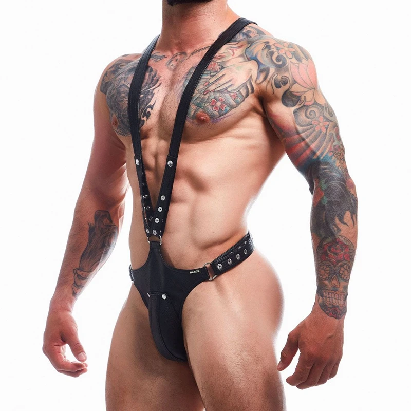 Men\'s Jockstrap Underwear Sexy Lingerie Harness Chest Bodysuit One-piece Jock with Removable Codpiece Big Bulge Adjustable Size.