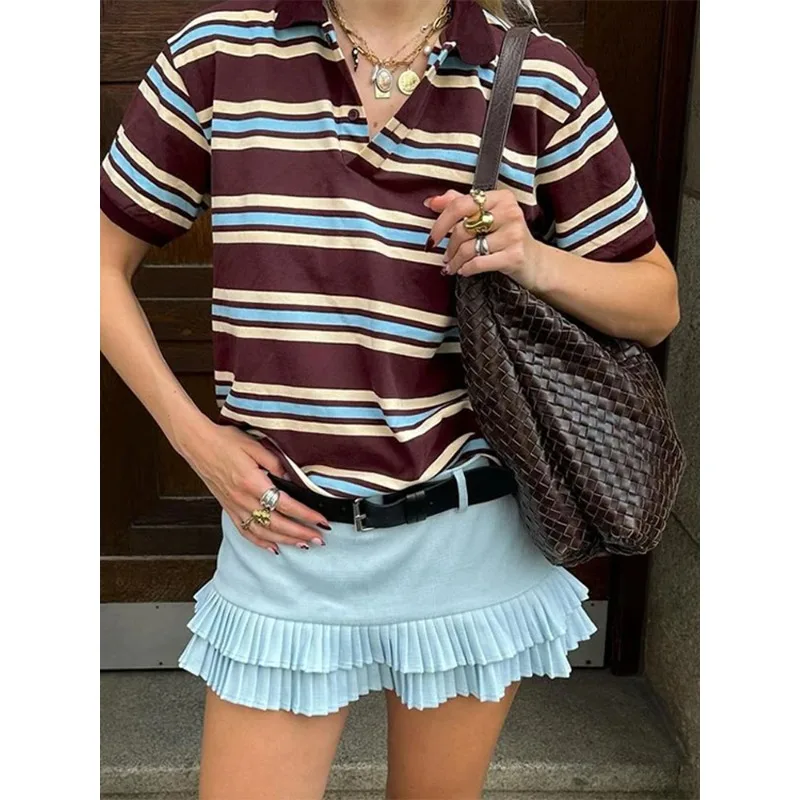 

Модная полосатая футболка-поло для женщин, мягкая, элегантная, с коротким рукавом, свободного кроя, повседневная, летняя, новая, женская, уличная мода.