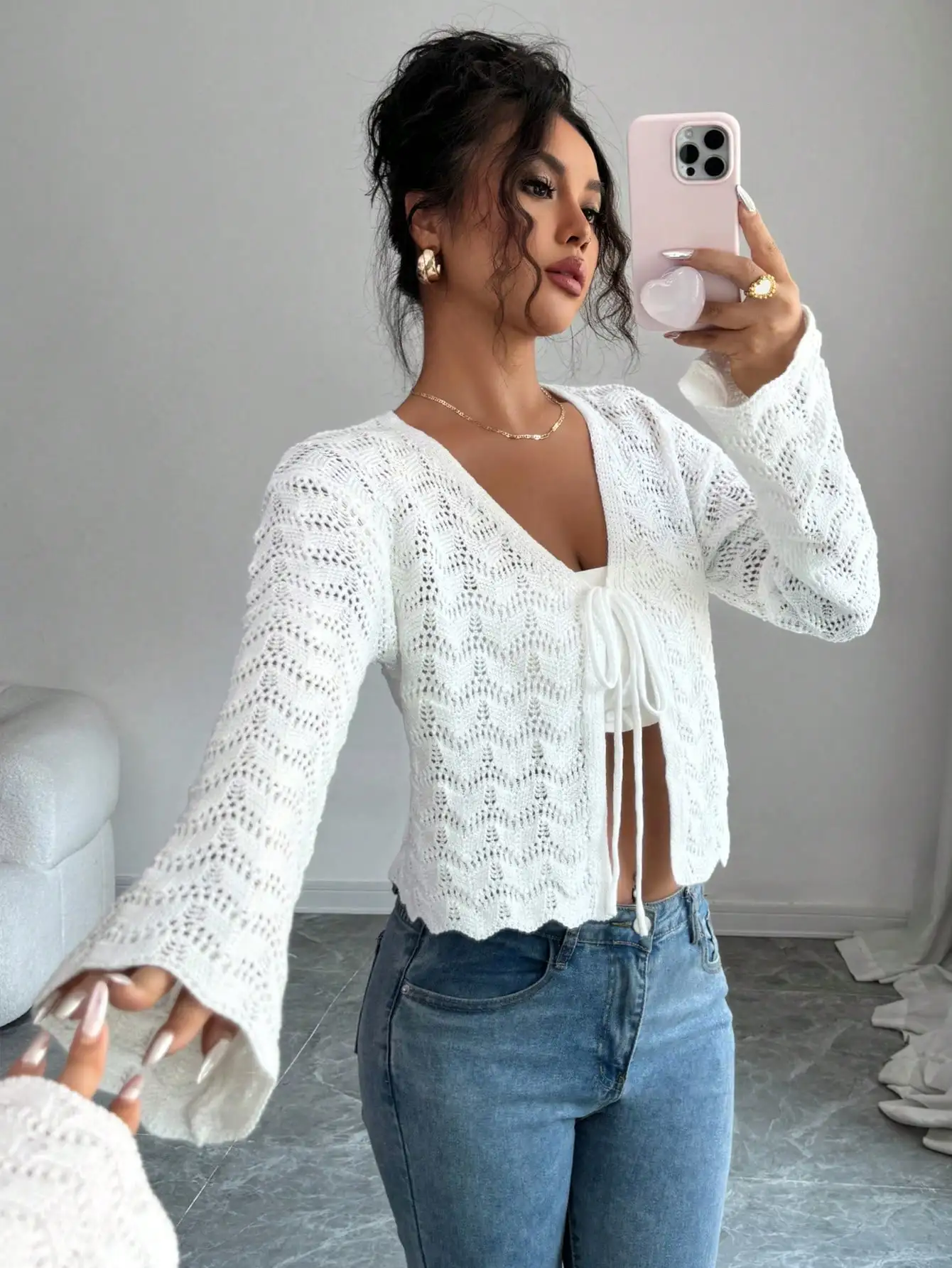 

Women's White Hollow Knit V-Neck Cardigan with Drawstring Front and Flared Sleeves