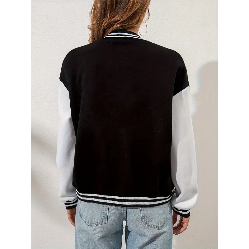 Women's retro baseball jacket, black and white patch sports jacket, 