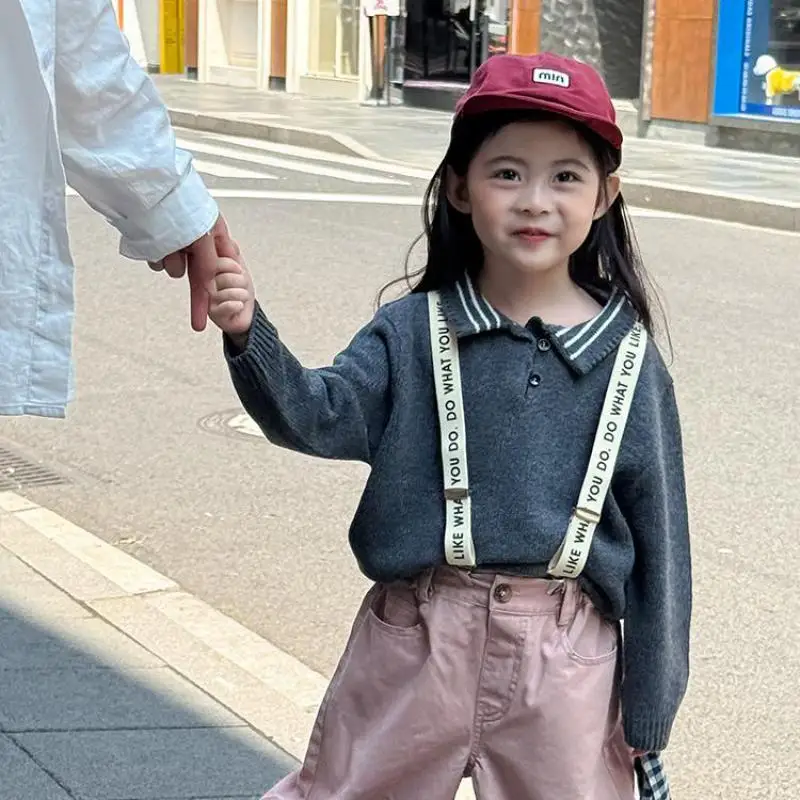 

2025 Autumn New Children Sweater Long Sleeve Girls Lapel Knitted Tops Cotton Loose Toddler Boys Casual Pullover Kids Clothes