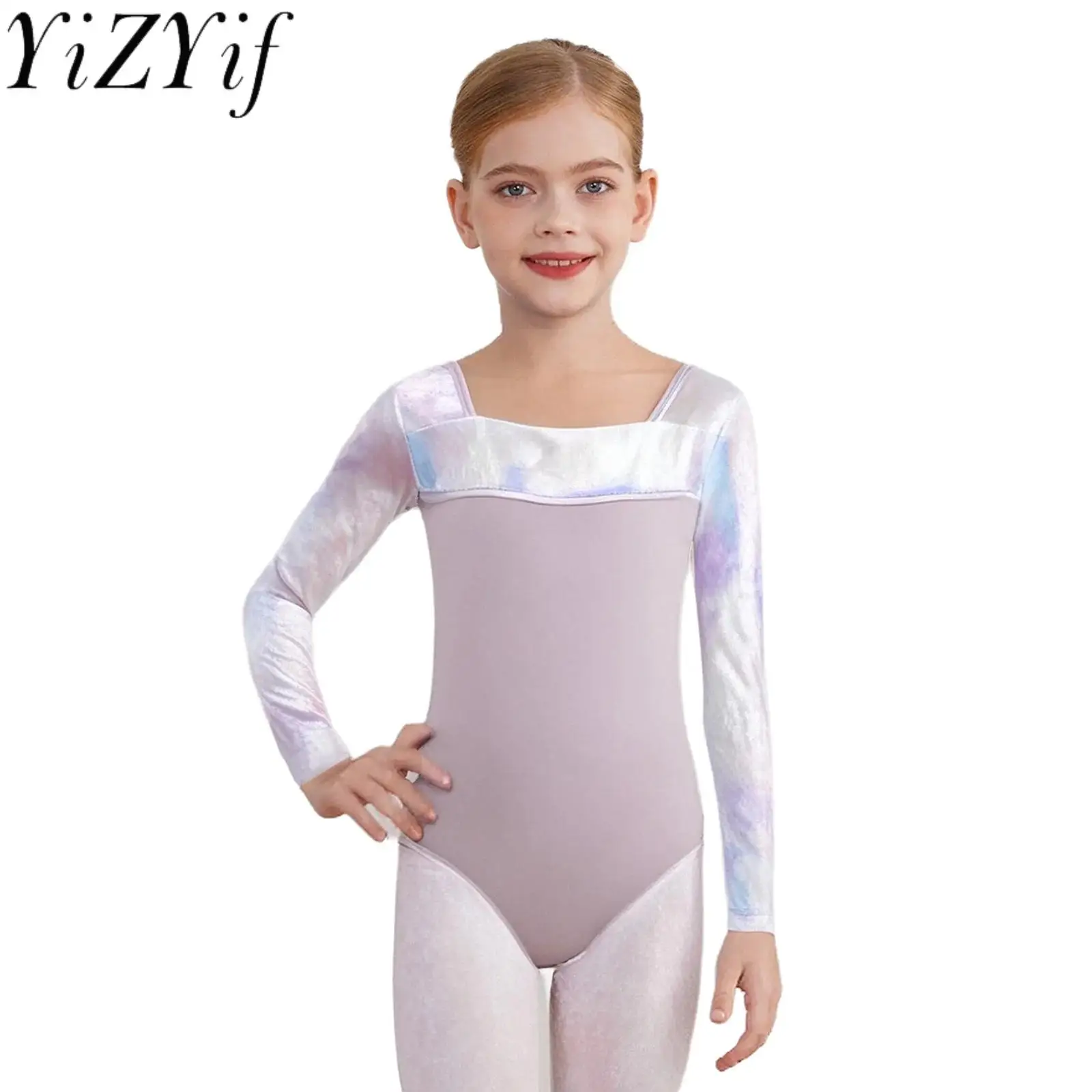 

Kids Girls Ballet Practice Examination Dance Leotards Long Sleeves Tie-Dye Velvet Patchwork Gymnastics Acrobatics Dance Bodysuit