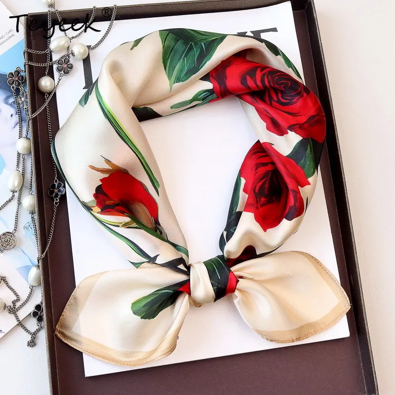

Tcyeek, 100%Real Slik Elegant Kerchief, 68cm Flower Printed, Mom Gift Commute Retro Chic Scarf, 2024 Summer Autumn A48177QC