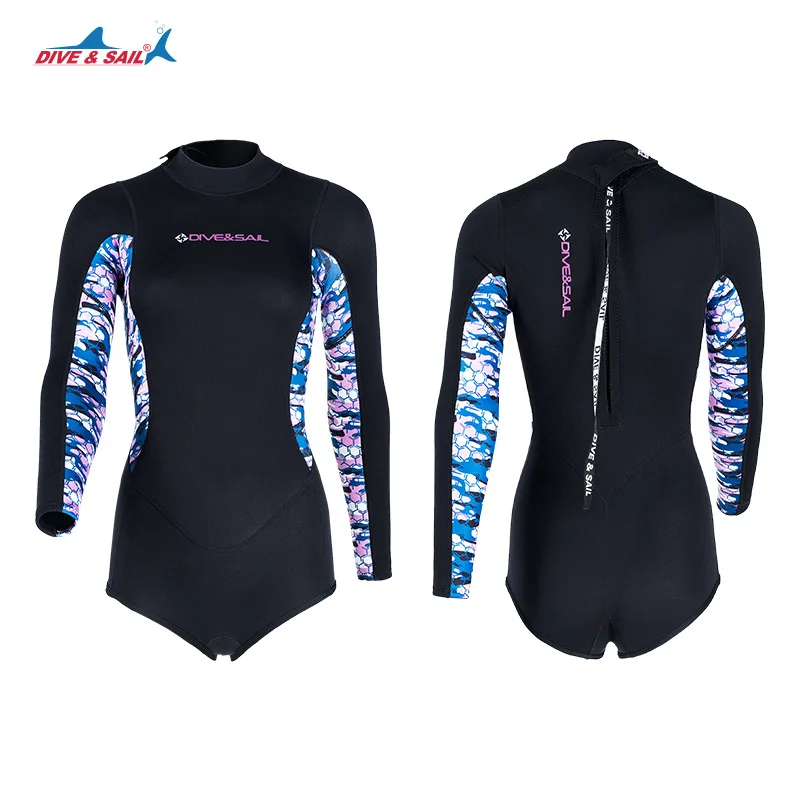 

Women 2MM One Piece Shorty Wetsuit Long Sleeve Short Leg Thermal Swimwear Cold Resistant for Surfing Snorkeling Swimming