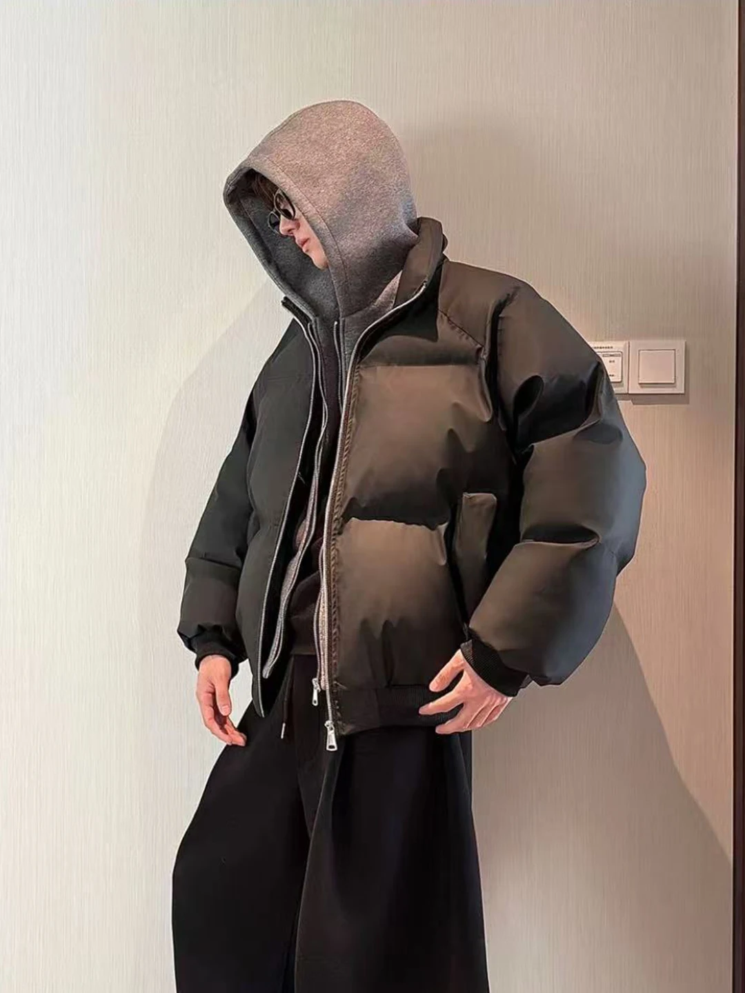 HN 트렌디 브랜드 겨울용 PU 가죽 후드 재킷 남성용 루즈핏 다용도 코튼 재킷 이중 지퍼 보온