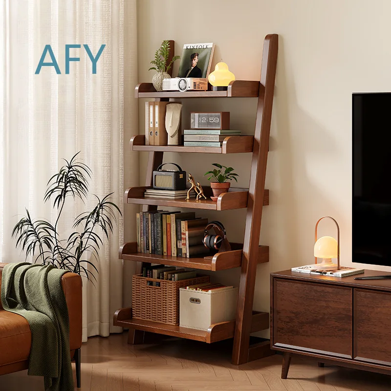 Solid Wood Bookshelf for Living Room Floor to Ceiling Storage Rack Against Wall Trapezoidal Design Next to TV Cabinet for