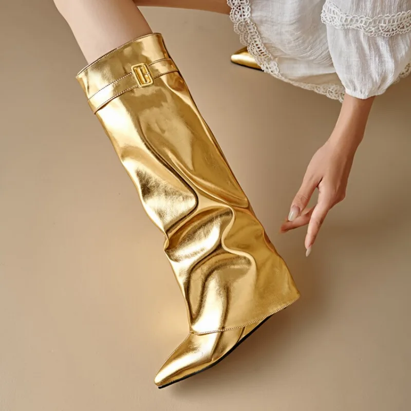 Silver 9cm Wedges Heel Knee High Boots Belt Buckle Decoration Skirt Boots Short Plush Lining Winter Light Show Fashion Boots 45