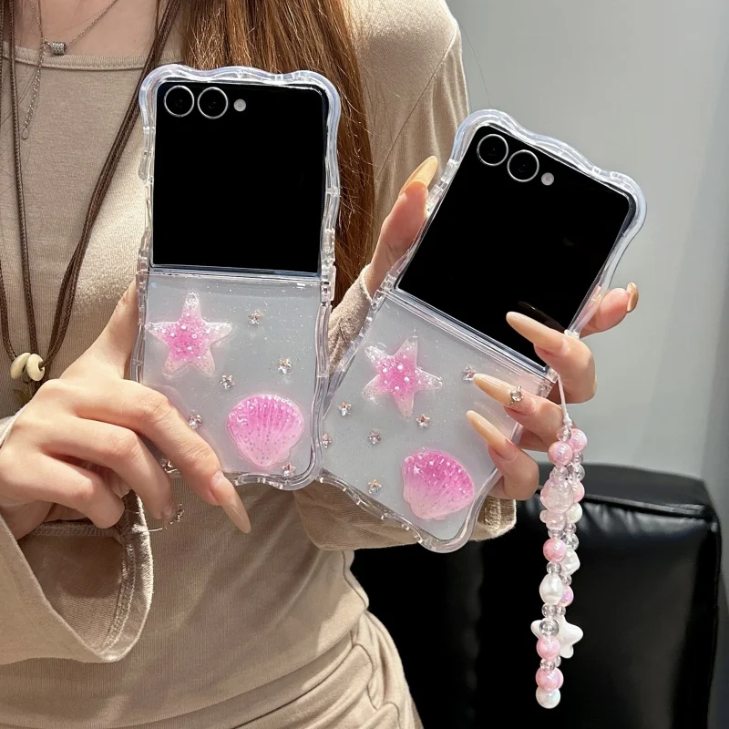 Funda de Teléfono Transparente con Purpurina, Concha de Caracola y Estrella de Mar, Linda, para Samsung Galaxy Z Flip 7 6 5 4 3 ZFlip6 Flip7, con Cadena, Kawaii