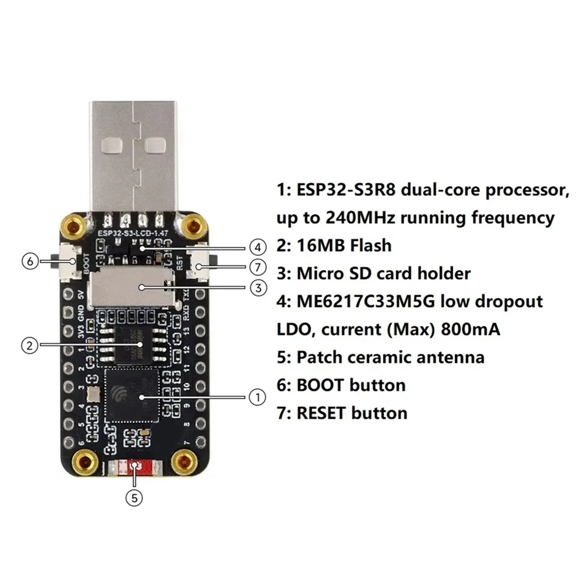 ESP32-S3 1.47 Inch LCD Display Development Board On-Board RGB Color LED Full-Speed USB Serial Port 2.4GHz WiFi BLE5—L47A