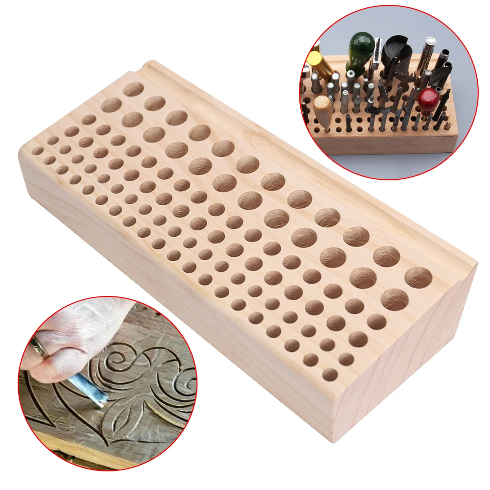 Bymaocar 98 Holes Leather Carving Multi-function Beech Wood Storage Rack Leather Craft Tool Holder With Different Sizes Of Holes