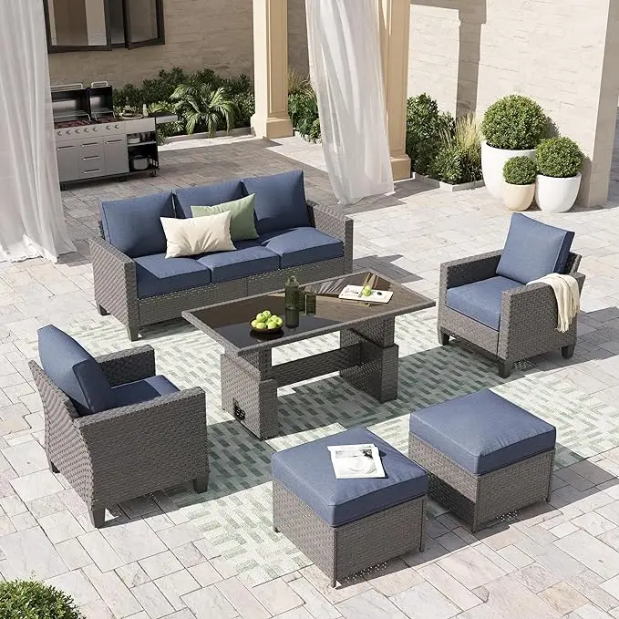 

Outdoor Patio Furniture Set 6 Piece Wicker Conversation Set with Lift Coffee Table Dining Set 3 Seat Sofa Couch with Ottoman