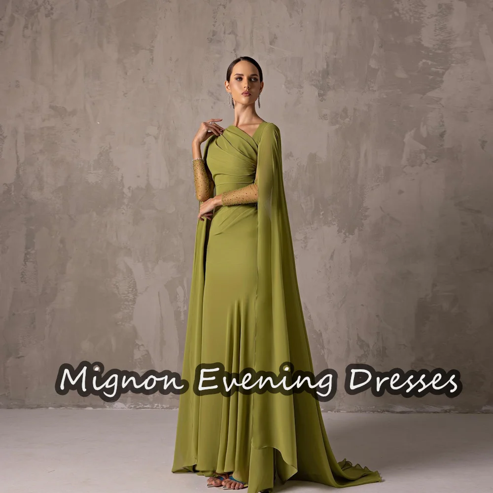 

Mignon Chiffon A-line O-neck Pleats Long Sleeves Beads Simple Formal Prom Gown Floor Length Evening Party Dress for Women 2024