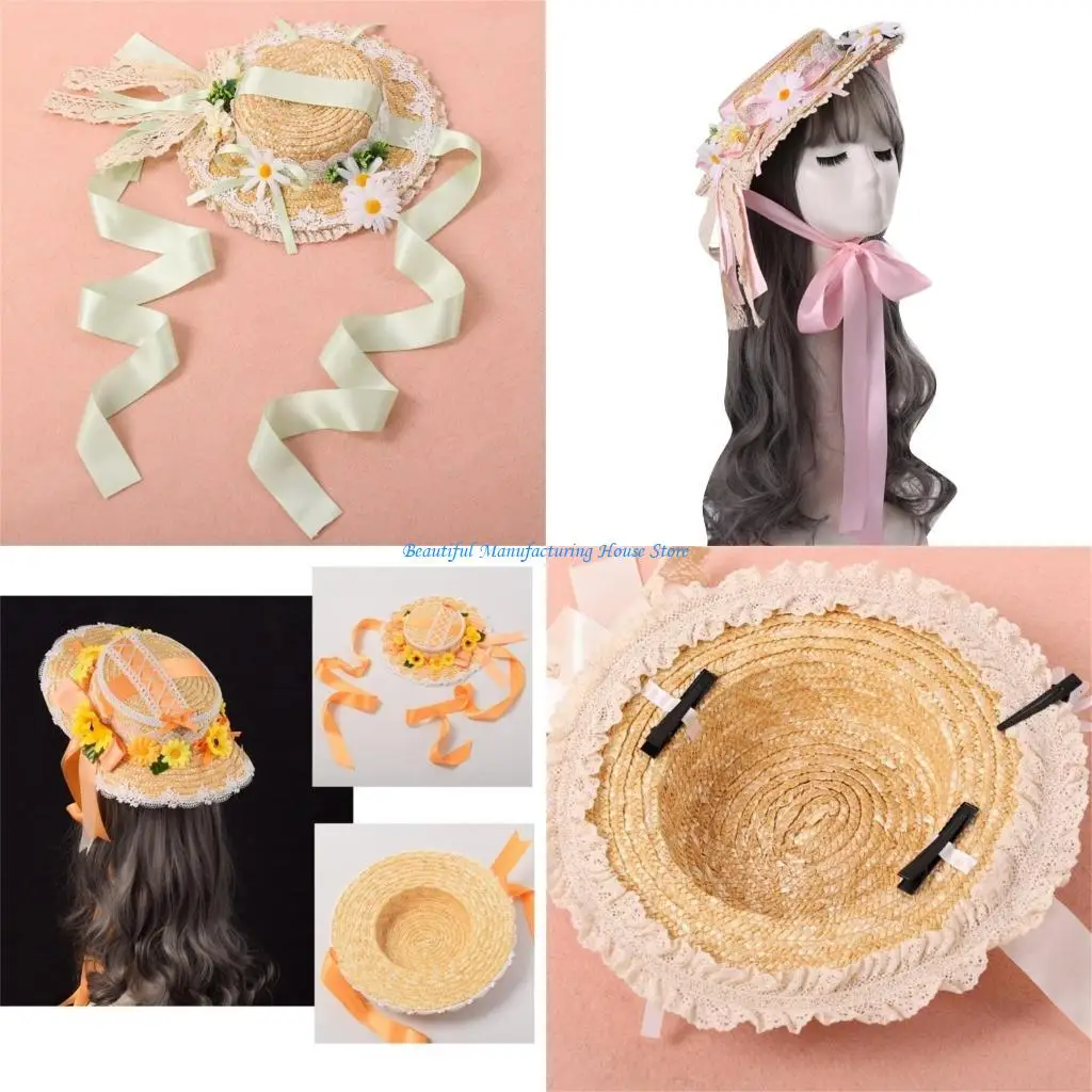

E56A Handmade SunHat Ruffled Lace Pastoral Tea Party for Lolita Women