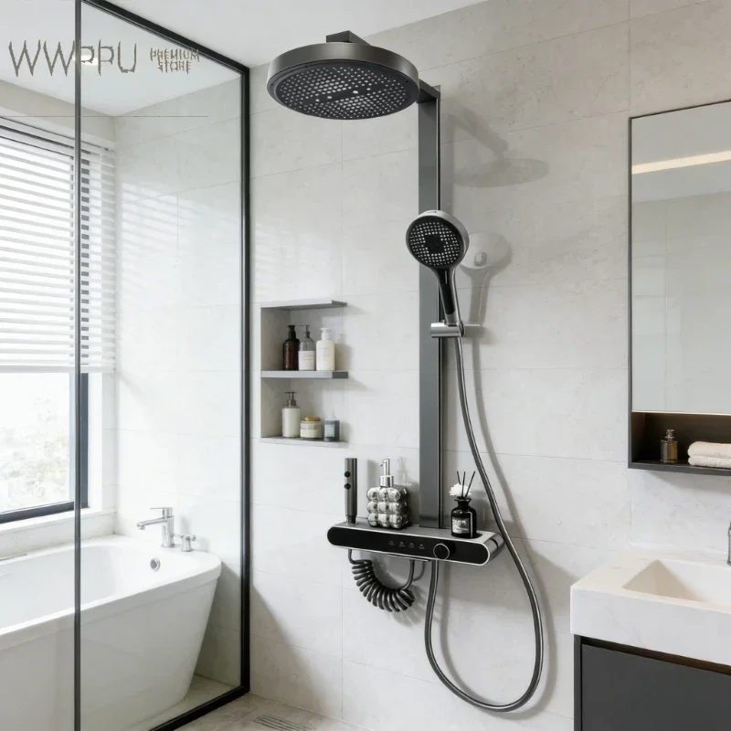 WWPPU Intelligent Digital Bathroom Shower System Four Functions Bathroom Shower Faucet Set Temperature Display Rainlfall Shower