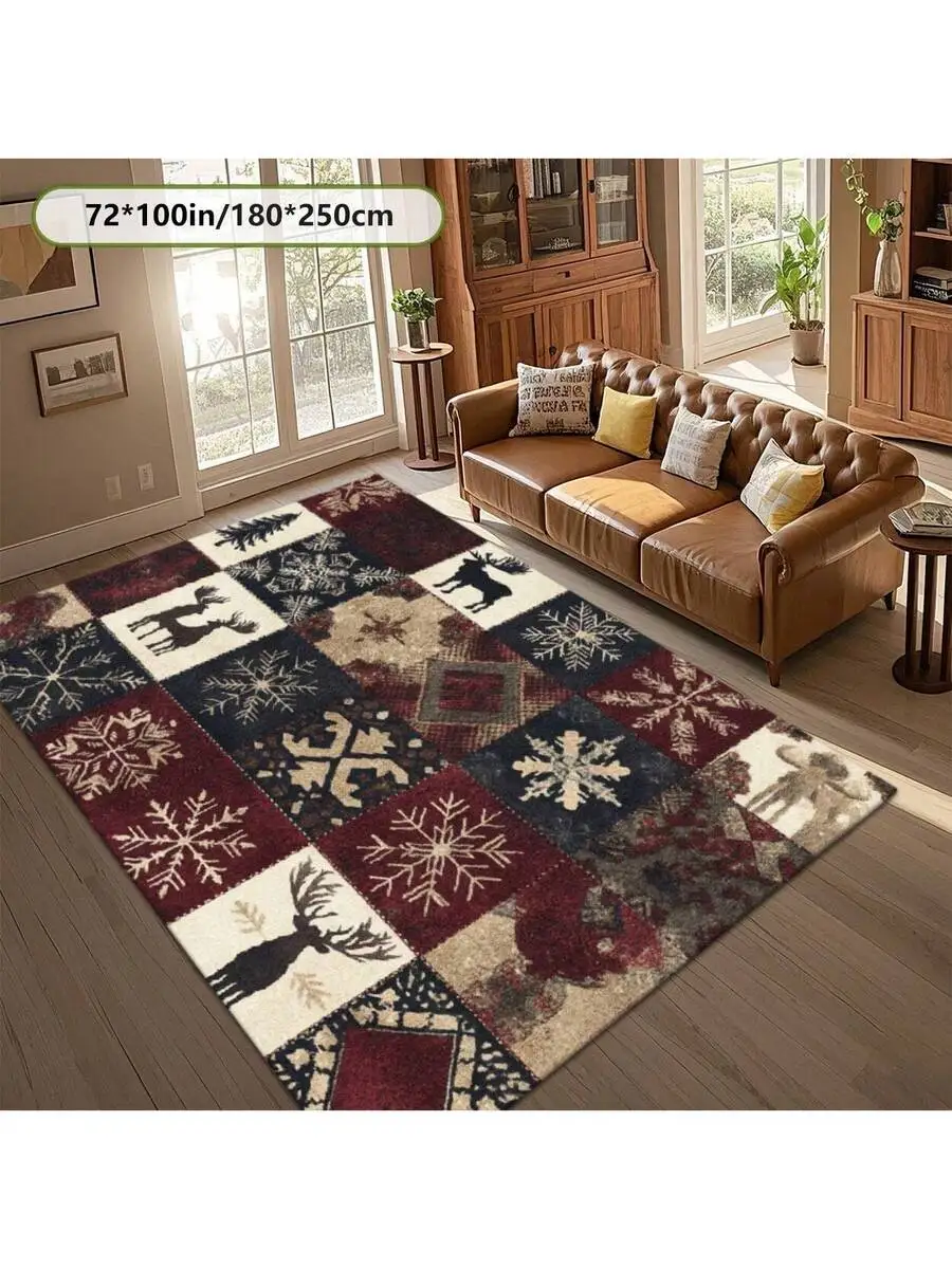 Retro Christmas Patchwork Printed Area Rug For Living Room Sofa Decor