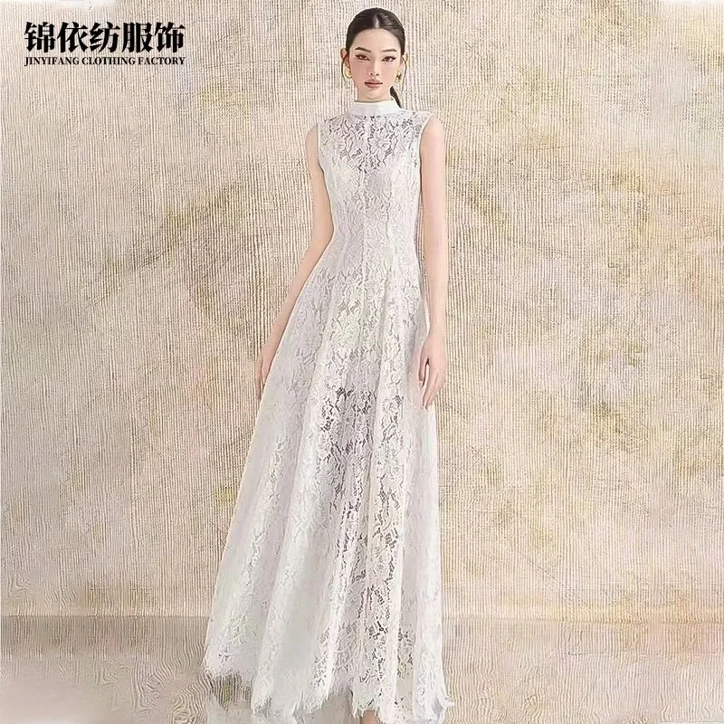 Neues weißes Spitzen-Maxikleid mit Rundhalsausschnitt, ärmellos, schmale Passform, modisch, trendig, elegant, lässig, Partykleidung
