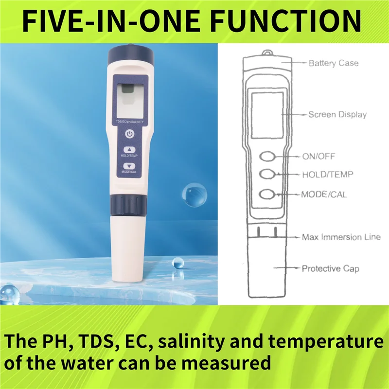 A60F-5 In 1 Temperature Meter TDS/EC/PH/SALT /Salinity Water Quality Monitor Tester For Aquarium Acidimeter