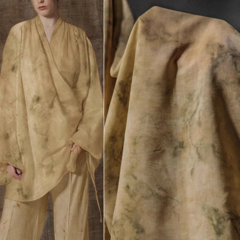 

Yellow Green Mottled Tie Dyed Fine Cotton Fabric Retro Literary Plant Dyed Shirt Skirt Handmade Clothing Design Fashion Fabric