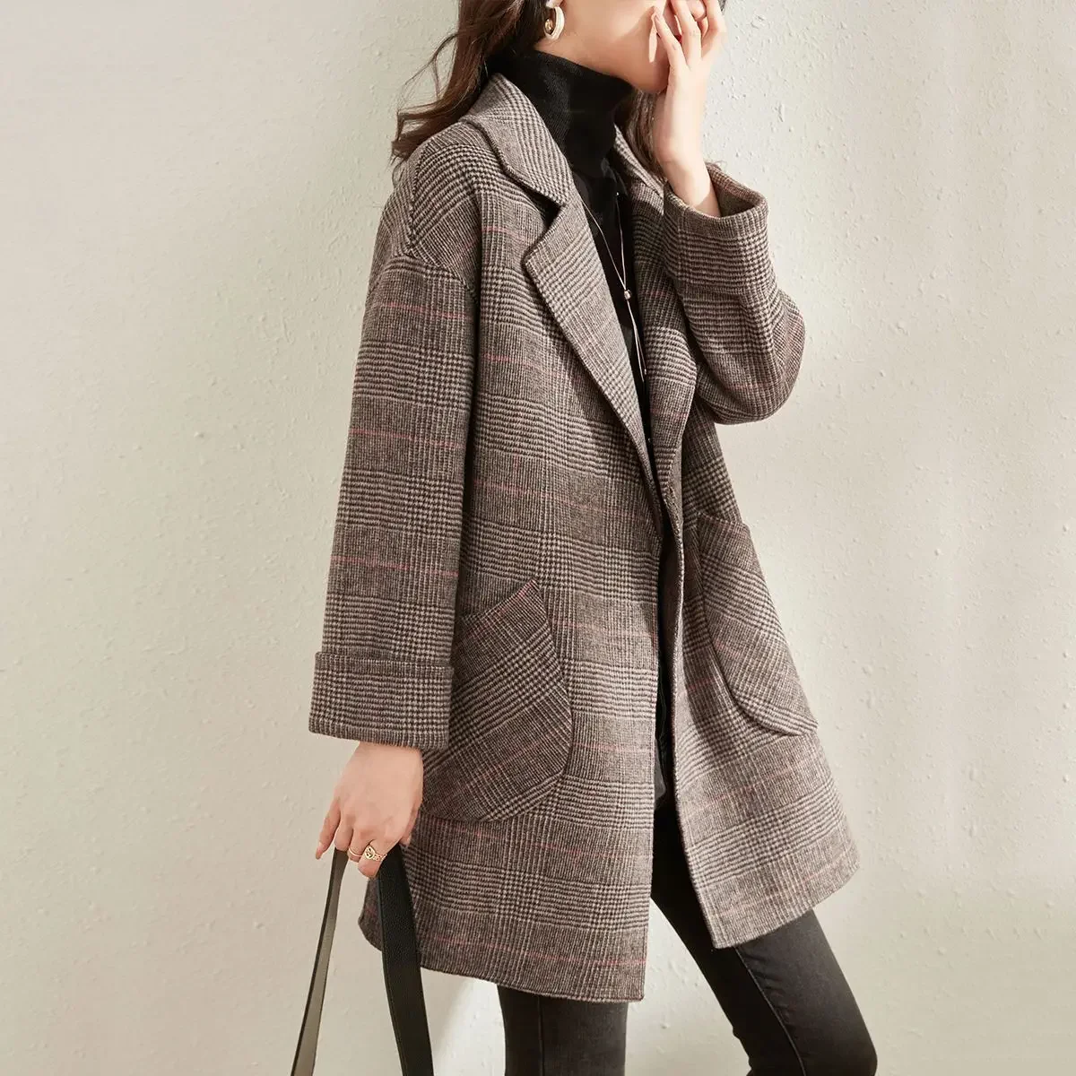 Abrigo holgado de mezcla de lana de Tweed de longitud media para mujer, ropa de invierno caliente, chaqueta de mezcla de prendas de vestir exteriores, chaqueta elegante de manga larga para mujer 2024