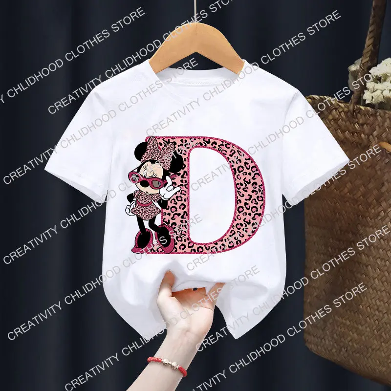 Minnie Children T-Shirts Letter A-Z Name Combination Disney Kawaii Cartoons Clothes Kids Little Boy Girl Tee Shirts Casual Tops