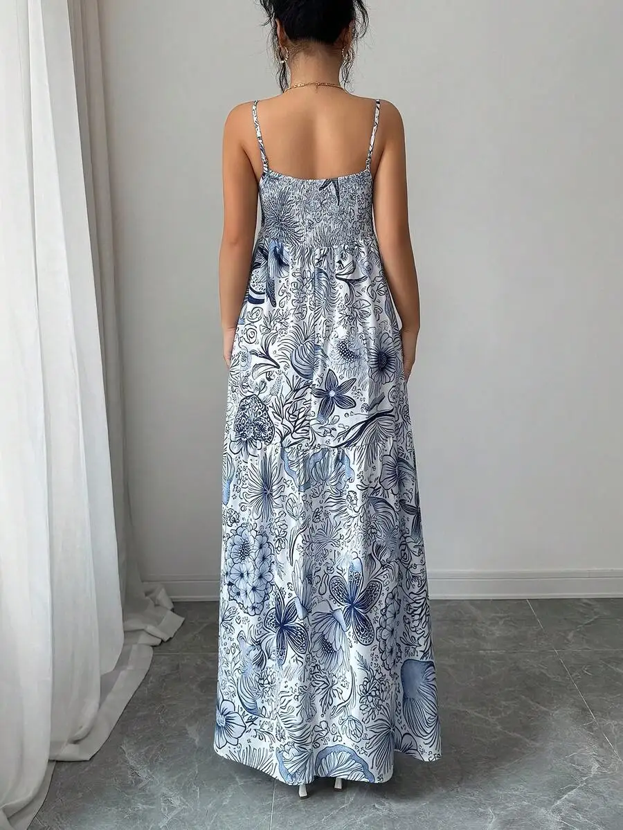 

Elegant Floral Print Shirred Sleeveless Belted Maxi Dress For Women Spring Summer