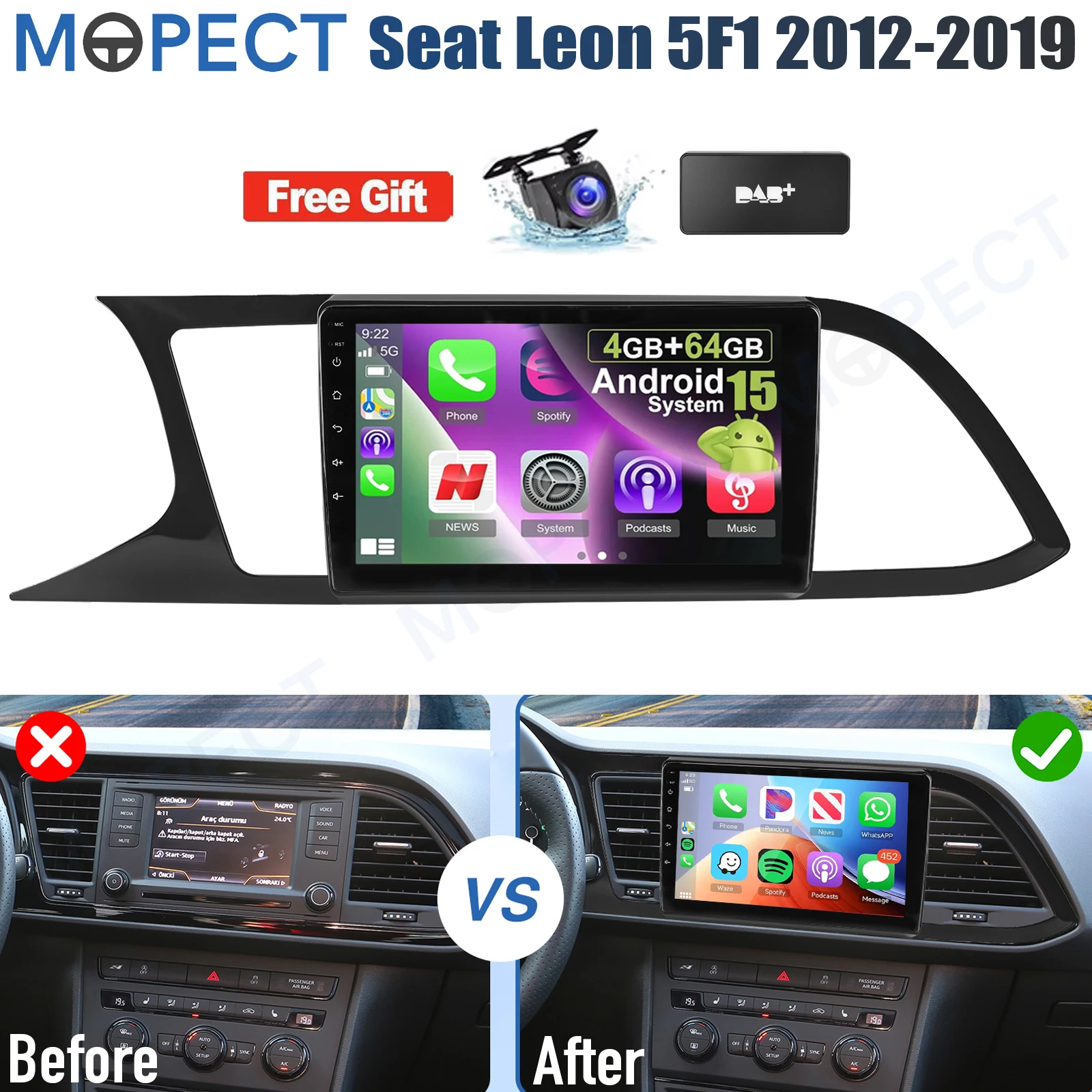 MOPECT 9' Android 15 CarPlay 4+64GB per Seat Leon MK3 5F1 5F5 2012-2019 Autoradio con GPS Navi BT/AM/FM SWC+DAB&AHD