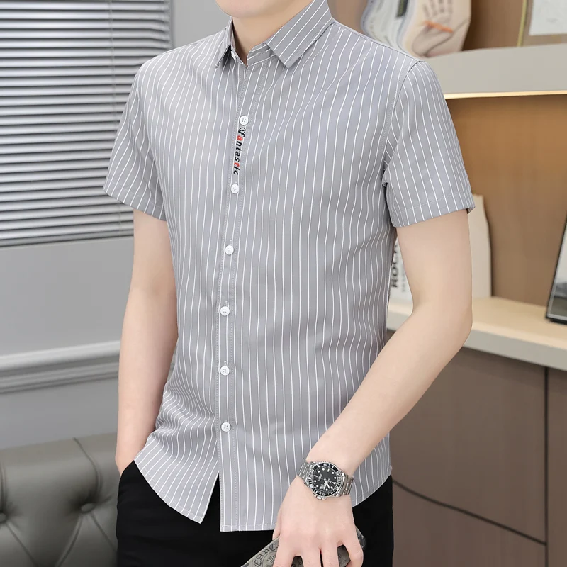 Short Sleeve Striped Letter Contrast Color Men\'s Summer Button Up Cardigan Turn-down Collar Shirt Formal Casual Classic Tops