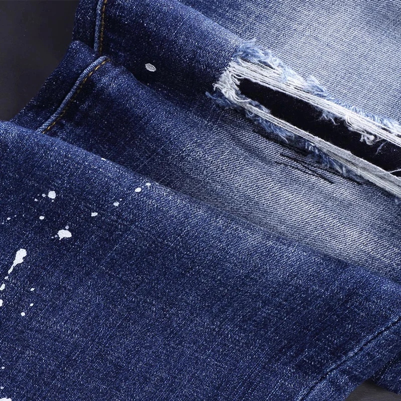 Street Fashion Men Jeans Retro Blue Elastic Stretch Slim Ripped Jeans Men Painted Designer Trousers Vintage Denim Pants Hombre