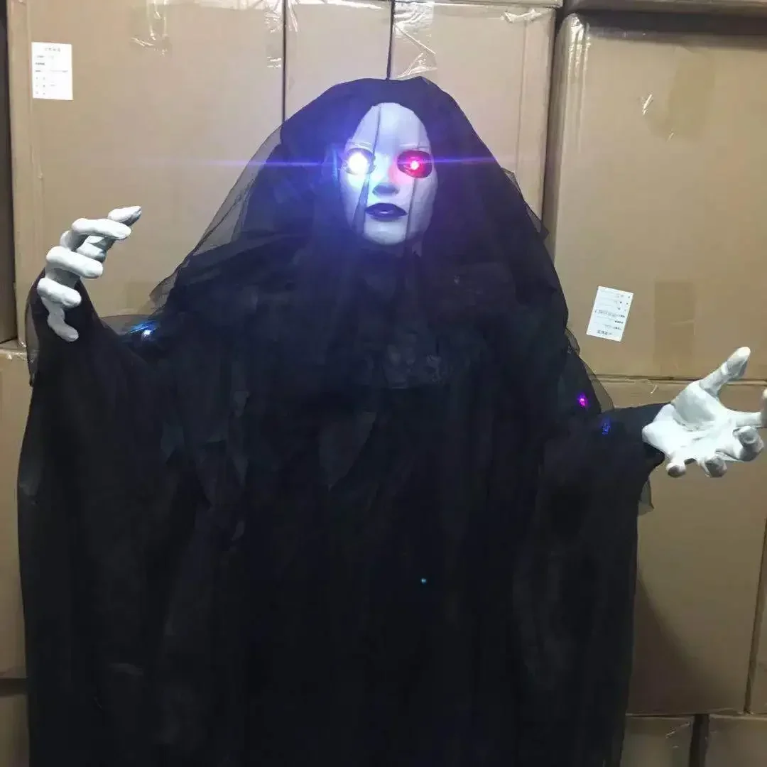 170cm Halloween Terror Black White Female Ghost Statue LED Light Sound Figurine Haunted House Horror room Decor Party Prank Prop