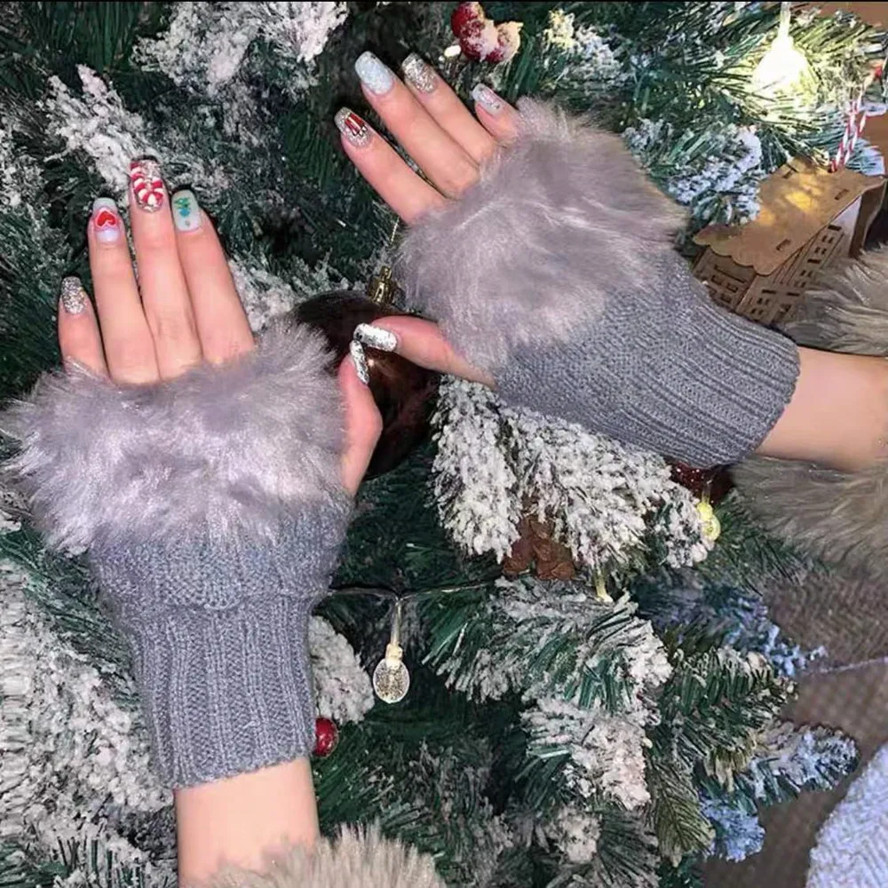 Fashion Women\'s Winter Gloves Knitting Faux Fur Hand Warmer Y2k Girls Arm Wrist Soft Half Finger Gloves Wrist Mittens Writting