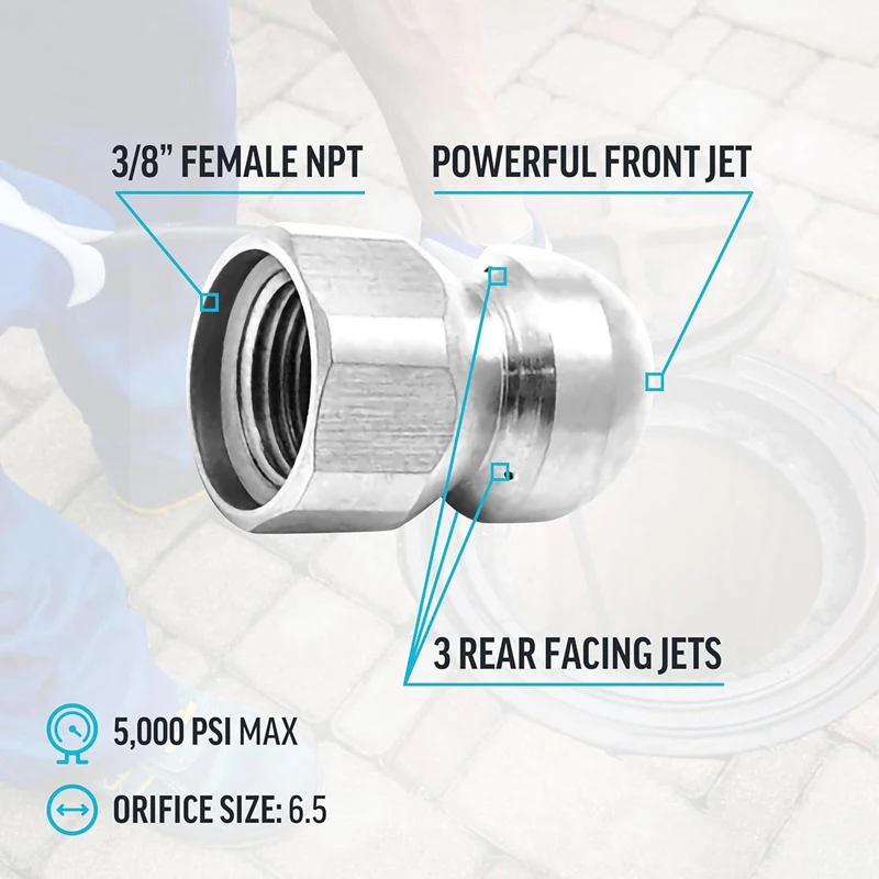 Sewer Jetter Nozzle for Pressure Washer High Pressure Power Washer Hose Nozzle Drain Jetting Stainless Steel 3/8 Female 5000 PSI - view 4