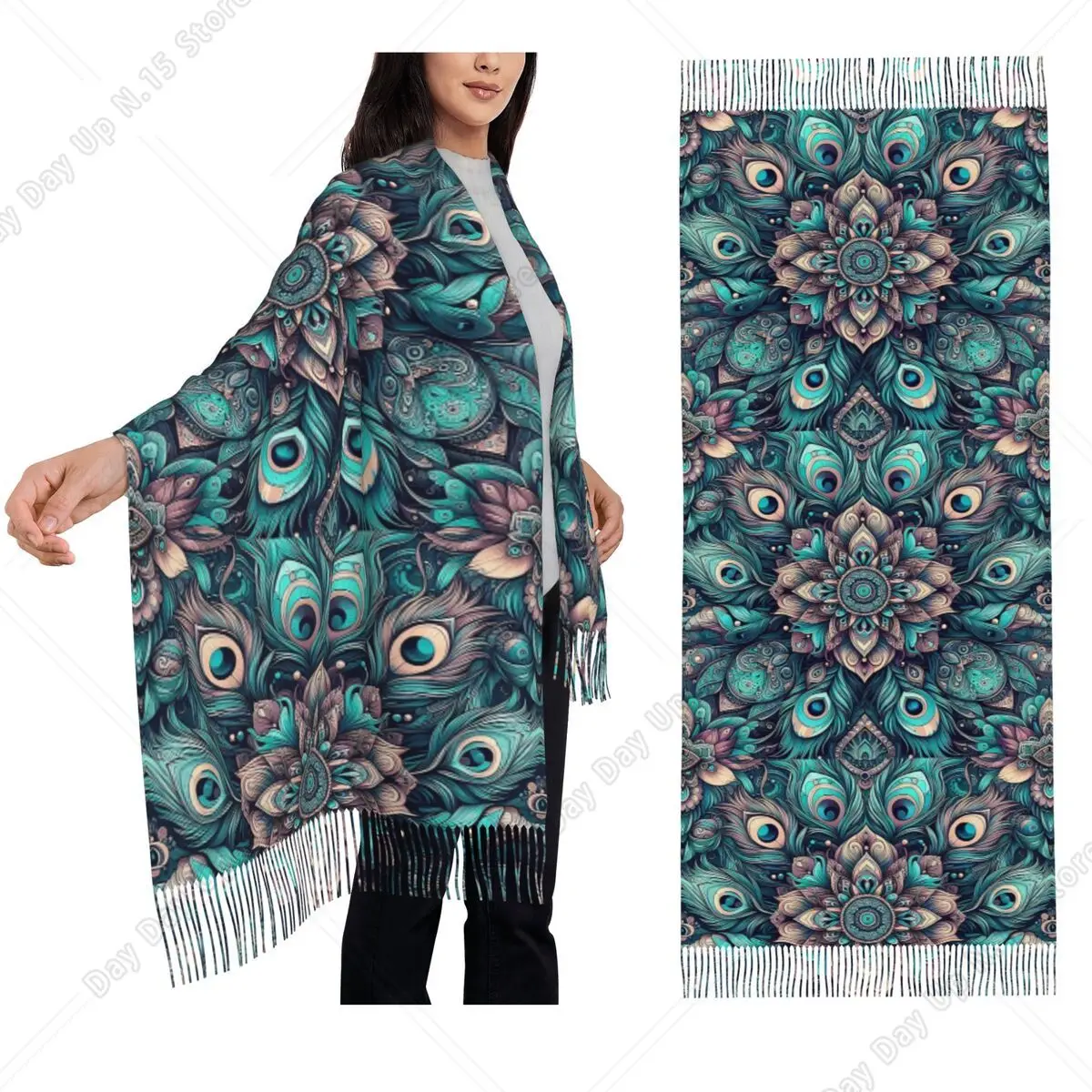 Peacock Feathers Scarf Tassel Scarves Women Soft Warm Shawls and Wraps Large Fall Winter Shawl Wrap