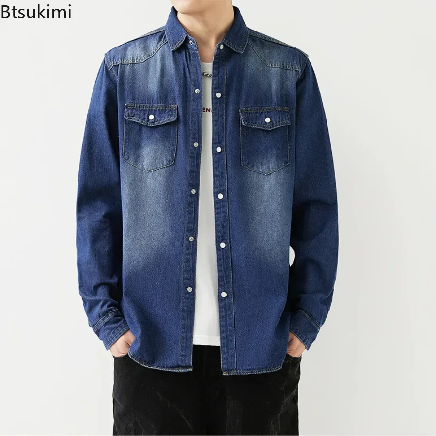 2024 Spring Summer Men\'s All-Match Long Sleeve Denim Shirt  Korean Slim Fit Tooling Jean Jacket Classic Fashion Simple Tops Male