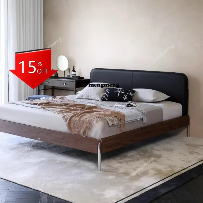 

01A Двуспальная кровать в средневековом стиле из массива дерева с кожаной обивкой, компактная, с узким боком, для небольшой квартиры, с мягким изголовьем, свадебная кровать