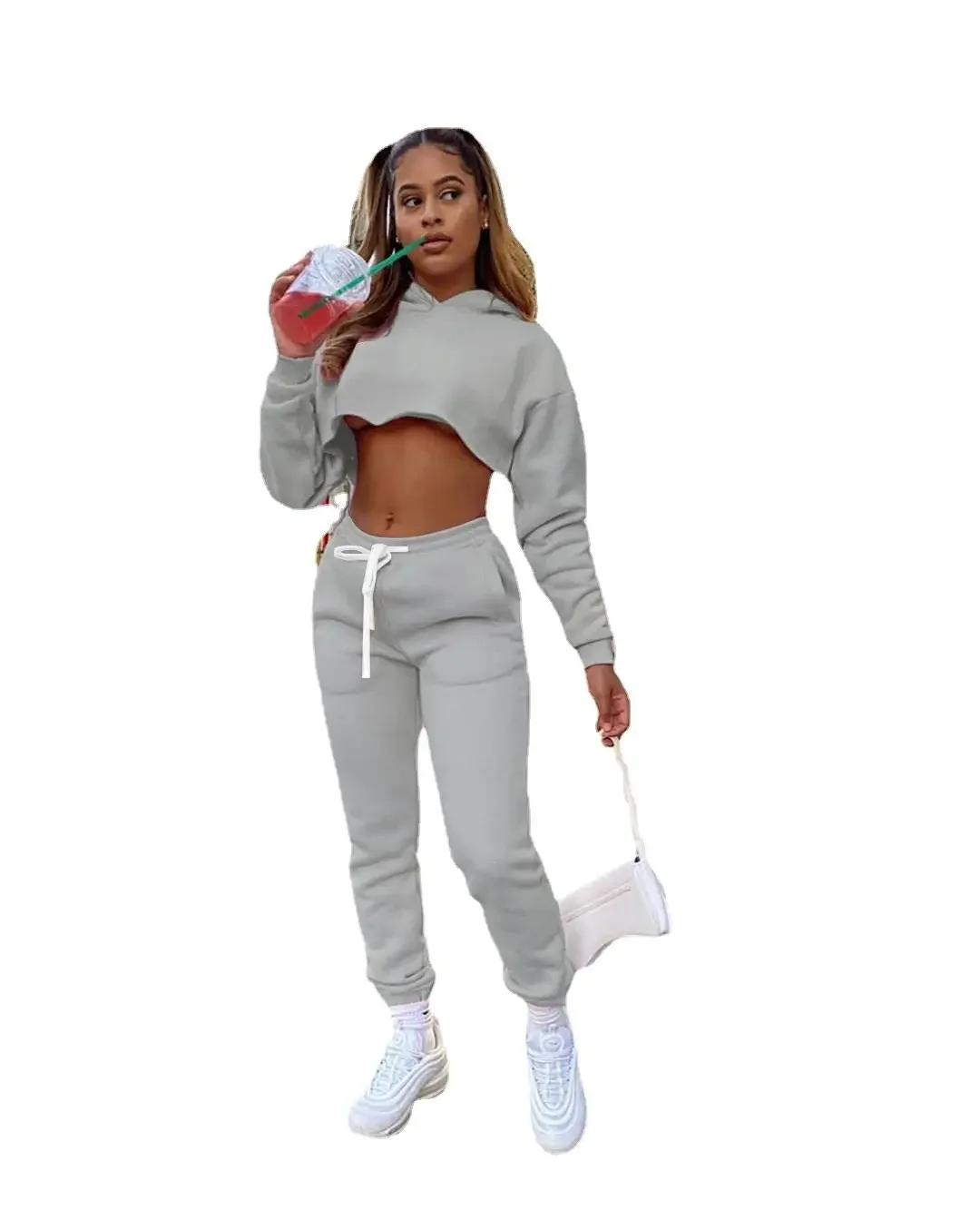 Autumn and Winter Women's Sweater Solid Color Two-piece Set Piled and Thickened Casual Sports Suit for Women