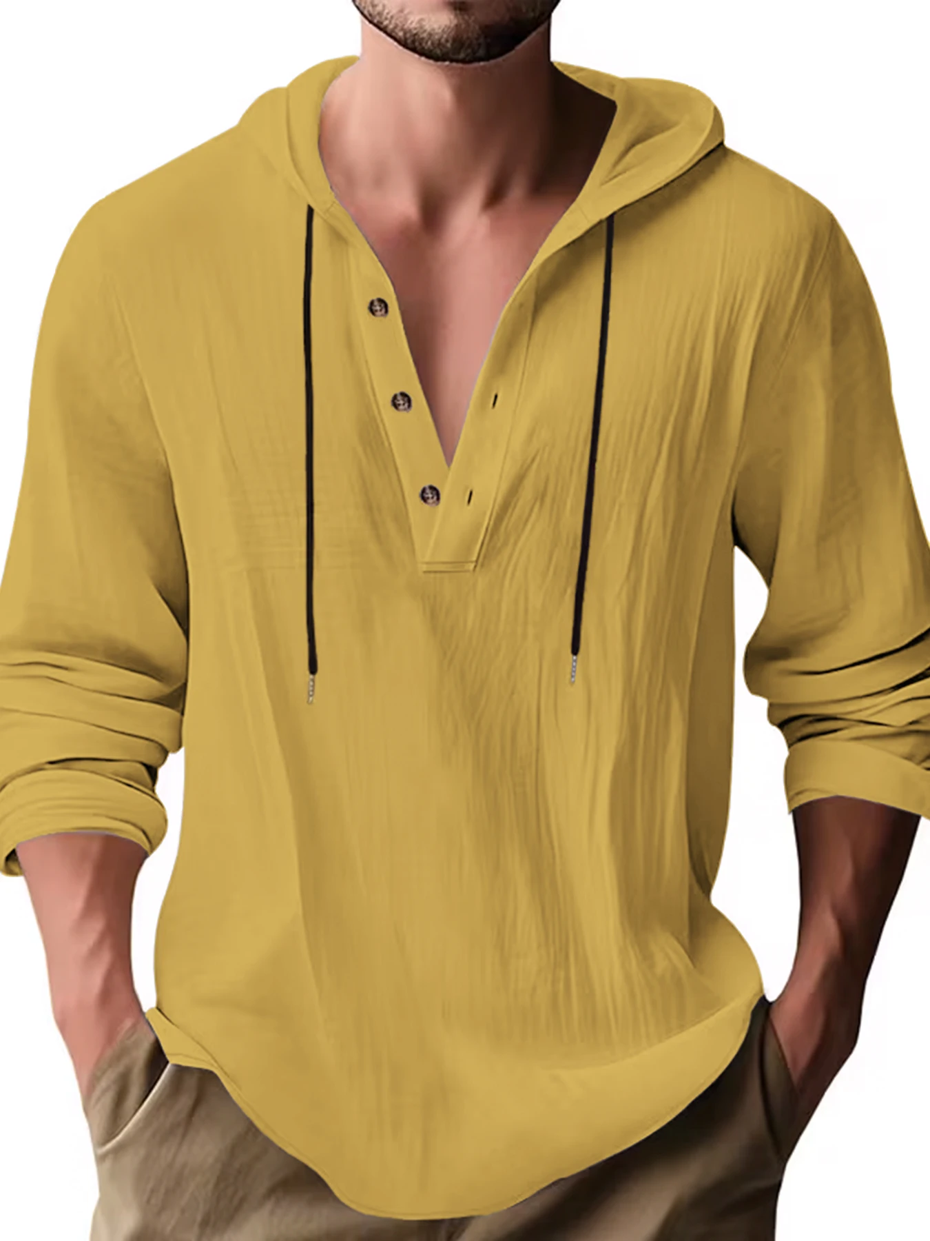 Herren Baumwoll-Leinen Kapuzen-Henley-Shirt Pullover Atmungsaktiv Bequem Neuer Stil Vielseitige Freizeitkleidung – Detail 39