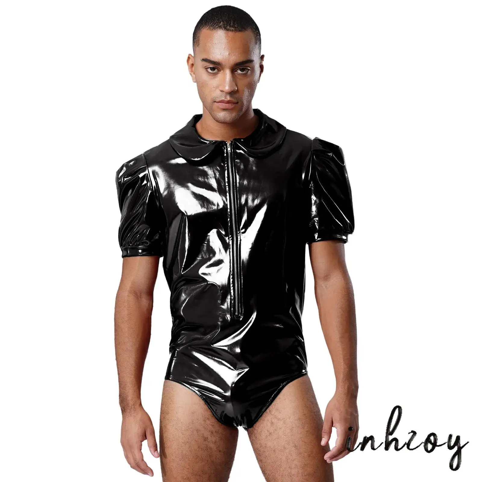 

Edgy Mens Shiny Catsuit Front Zip Lace Ruffled Crotch Buttons Gothic Stage Wear Adjustable Bodysuit Concert Performance Outfit