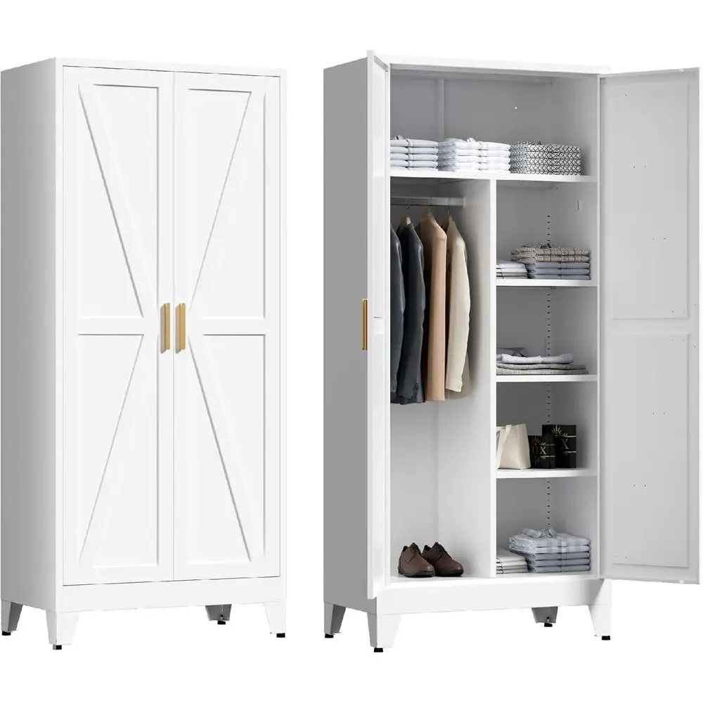 

71 Metal Wardrobe Cabinet with Hanging Rod and 5 Adjustable Shelves, Suitable for Dining, Bedroom, Living Room, and Office (Whit